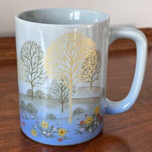 Otagiri Mug Metallic Gold Trees & Flowers in Field Hills Blue Vintage Cup Japan